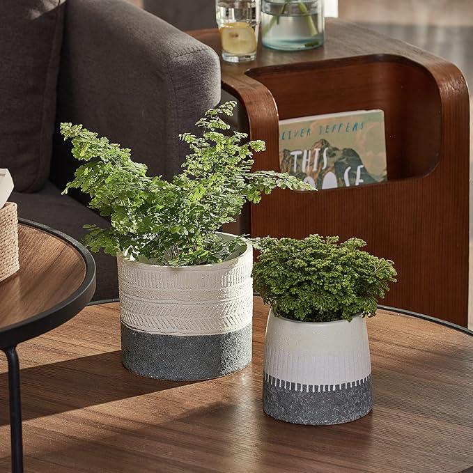 LA JOLIE MUSE Flower Pots Indoor Plant Pot Set of 2, Unique Small Ceramic Plants Planter, 6.4+ 5.1 Inch Planters, Gray & Ivory White