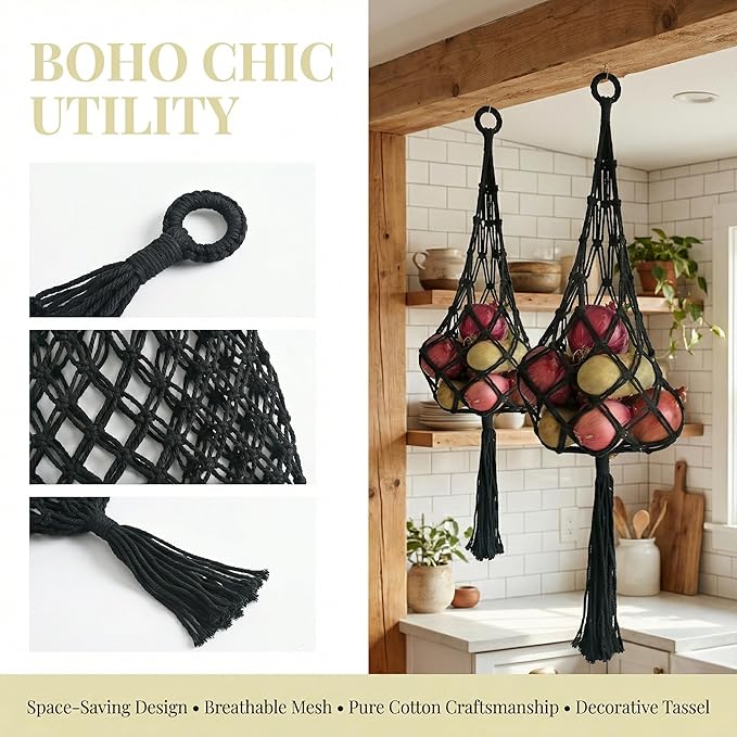 2 Packs Hanging Fruit Basket - Bohemian macrame handmade Basket for Potato/Onion/Fruit/patato, Boho Wall Hanging Decor for Kitchen Macrame Wall Hanging Basket (Black)