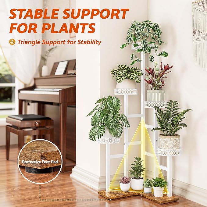 Plant Stand Indoor Outdoor, 6 Tier Tall Metal Wood Shelf Holder Display Rack Flower Pot Stand for Patio Garden Balcony Living Room Bedroom