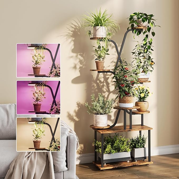 Tall Plant Stand, 9-Tier Tiered Indoor Plant Stand Multiple Shelves, Stable Plant Stand Indoor with Grow Lights for Home, Office, Balcony & Patio