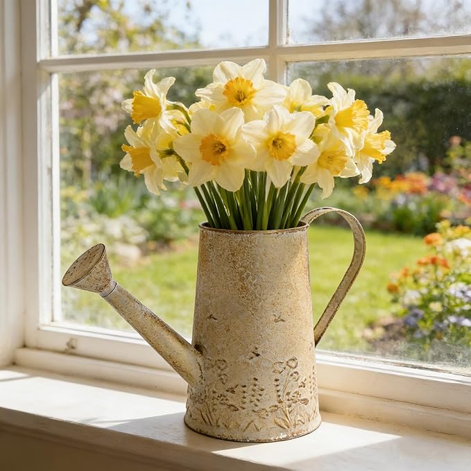 Vintage Distressed Gold Flower & Garden Watering Can, Decorative Metal Watering Pot Planter for Home Patio Backyard Outdoor Plant Care, Rustic Farmhouse Home Decor Accent