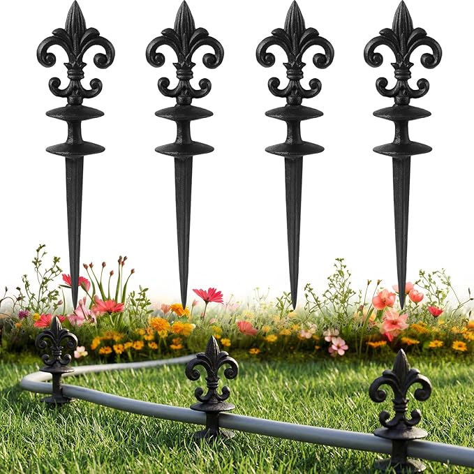 4 Pcs Antique Garden Hose Guide Spike, 13.7" Fleur De Lis Decorative Cast Iron Finial Stakes Heavy Duty Metal Plant Saver Tools Outdoor Hose Protection for Lawn Yard Patio(Black,Single Style)