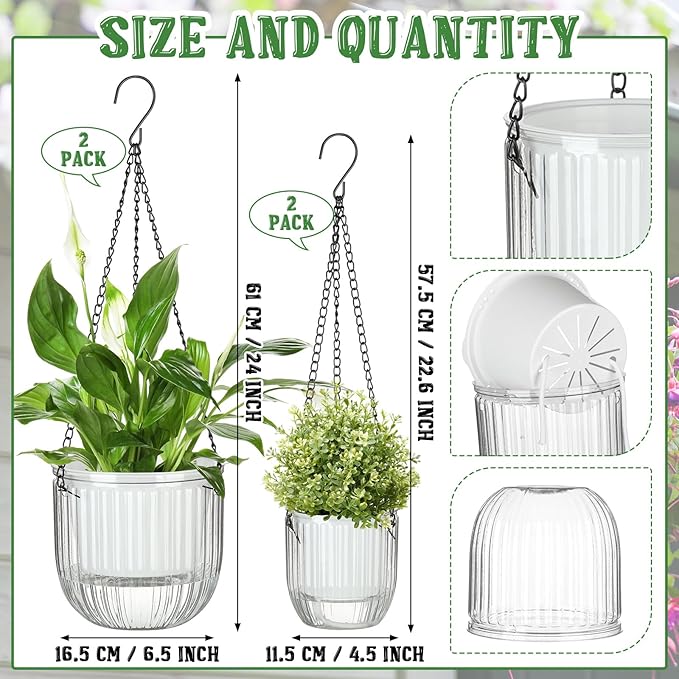 Maxcheck 4 Pcs Self Watering Hanging Planters Indoor Gift 6.5'' 4.5'' Hanging Flower Pots Baskets Outdoor Self Watering Plant with 3hooks Drainage Holes for Home