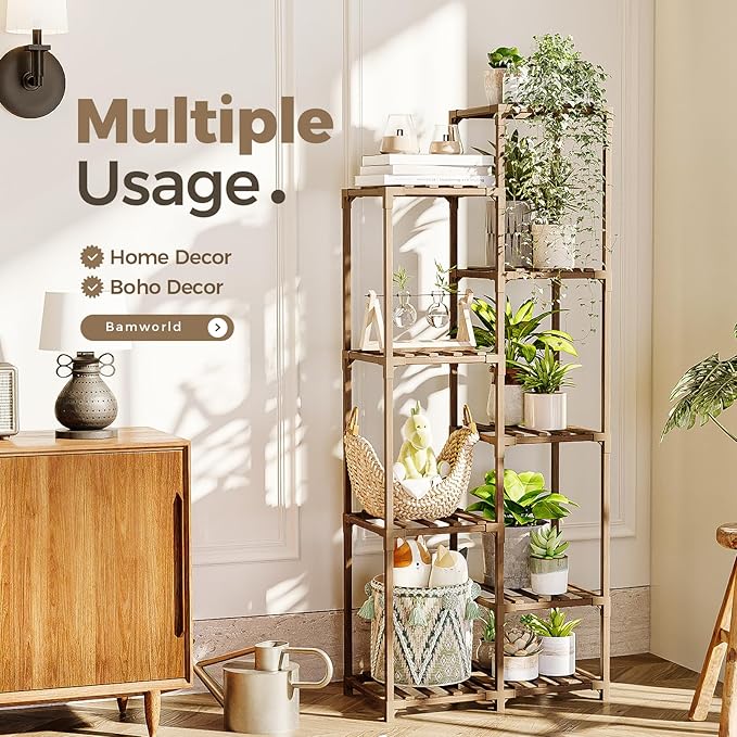 Bamworld Plant Stand Indoor Outdoor 9 Tier Tall Large Wood Plant Shelf Multi Tier Flower Stands Garden Shelves Wooden Plant Display Holder Rack for Living Room Corner