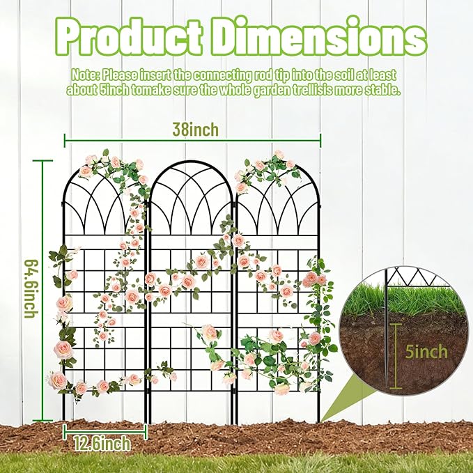 Garden Trellis for Climbing Plants, 3 Pack 38" Wx 64.6" H Rustproof Flower Trellis with Black Coating, Outdoor Climbing Rose Trellis Cucumbers Support for Courtyards Lawns (Square Grid, 3 Pieces)