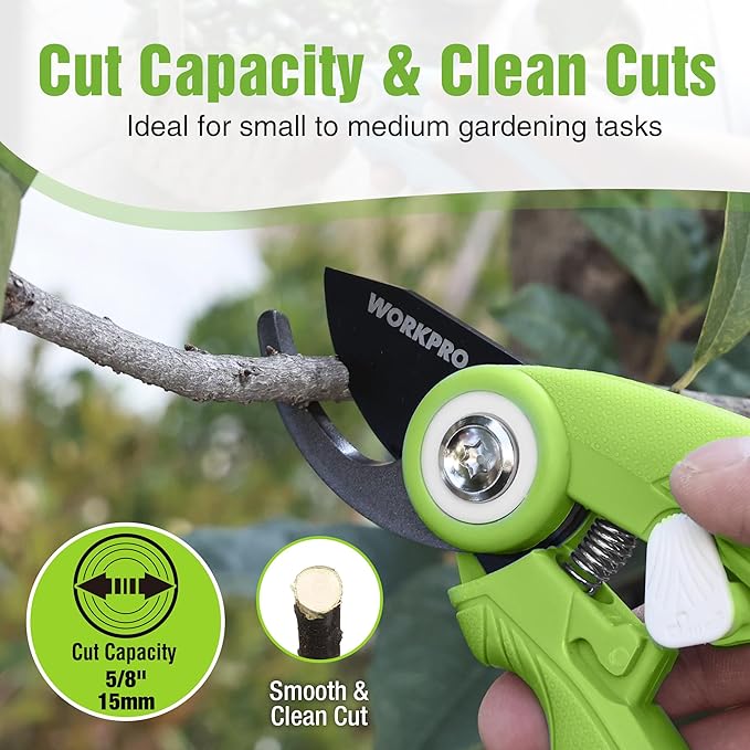 WORKPRO 6.9" Bypass Pruning Shears, Gardening Scissors with Sharp SK5 Steel Blade, Handheld Garden Floral Clippers for Rose, Plants, Flowers, Fruits Trees, Gardening Gifts for Women & Men, Green