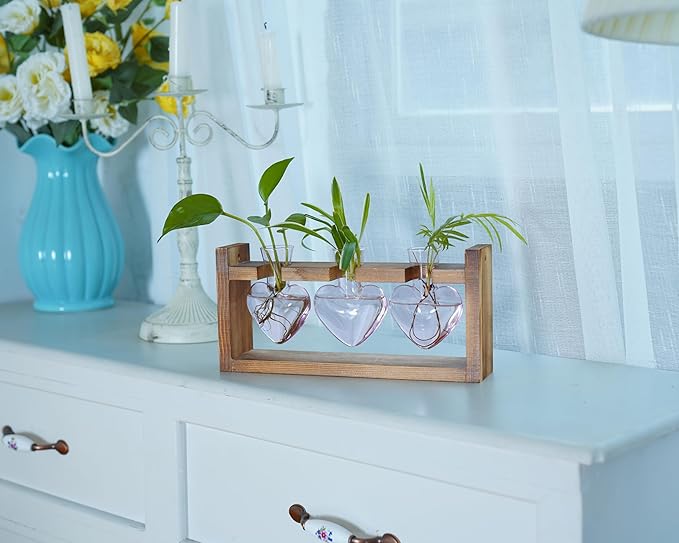Kingbuy 3-Heart Plant Terrarium Kit with Vintage Wood Stand - Stained Glass Vase Propagation Station, Wall-Mounted & Tabletop Indoor Decor for Home Kitchen Wedding Gift, Light Pink