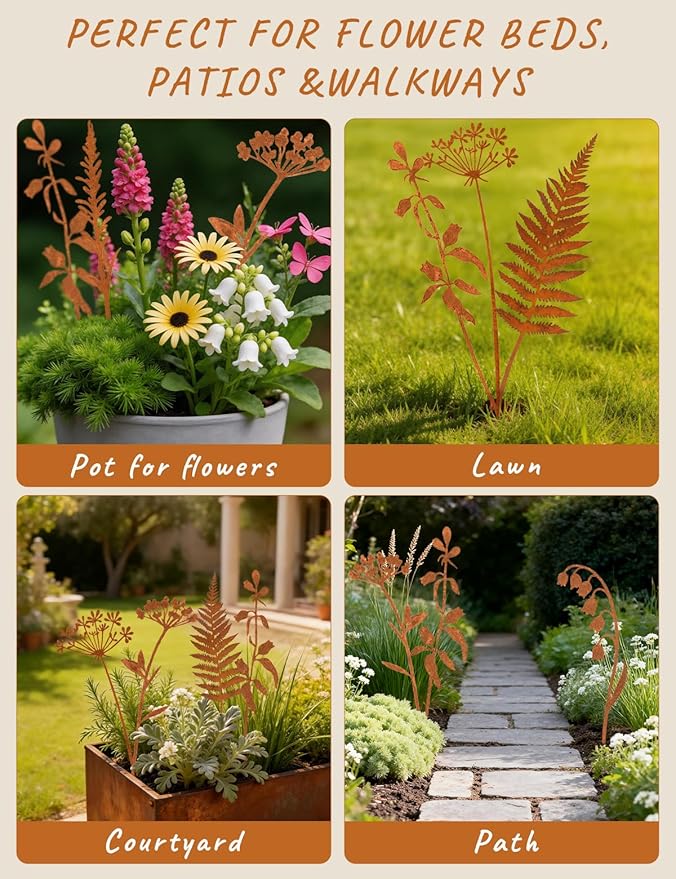 6 Pcs Metal Flowers for Outside, Decorative Garden Stakes with Rusted Finish, Outdoor Metal Yard Art Plant Stakes for Flower Bed Lawn Walkway Decor
