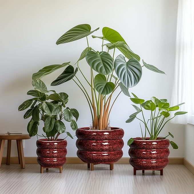 SQOWL Ceramic Planters for Indoor Plants - 13.5 Inch Plant Pot with Drainage Hole, Large Ceramic Flower Pots, Bubble Round Planter for Outdoor Plants, Room Home Office Decor, Gardening Gifts, Red