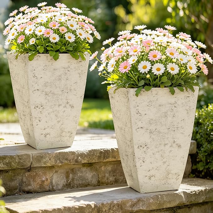 Autodaya 19" Plant Pots Tall Planters for Plants Outdoor Set of 2 Large Square Flower Pots Indoor Front Porch Decor Garden Pot with Drainage Hole Handmade Birch Bark Texture for Patio, Country White