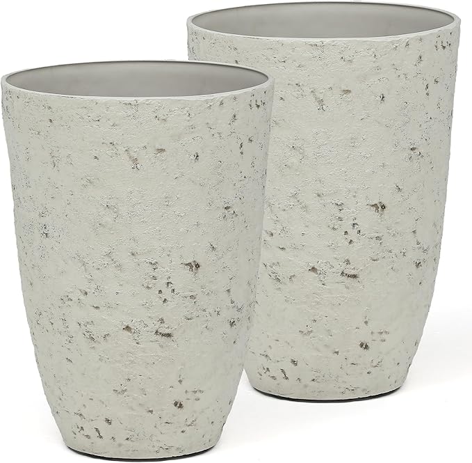 Autodaya 19.5" Resin Tall Planters for Outdoor Plants, Set of 2 Country White Large Flower Pots with Handmade Birch Bark Texture, Heavy-Duty and Weather-Resistant for Year Round Indoor Outdoor use