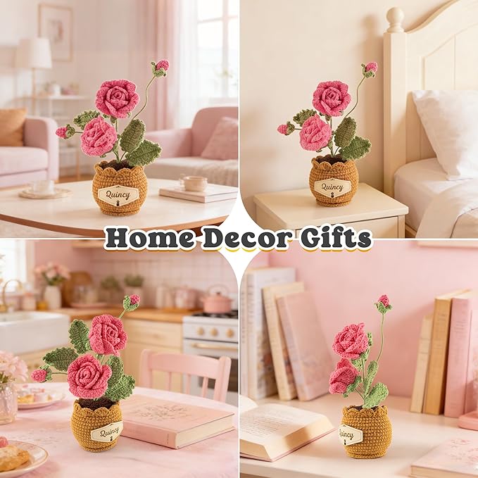 Crochet Flowers with Personalized Leather Name Tag Handmade Knitted Flowers for Home Office Desk Decor Crochet Rose Flower Potted Plant Crochet Gift for Women,Mom,Teacher, Birthday(Pink)