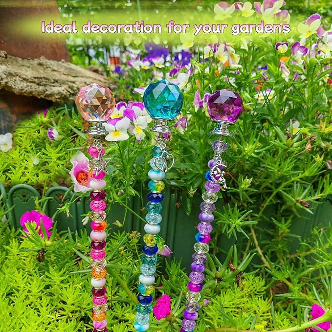 72Pcs Beaded Garden Stakes Kit - DIY Fairy Wand Garden Stake Beads Kit, Fairy Garden Accessories Outdoor for Different Festivals, Beadable Items Ball-(Purple+Lake Blue+Pink)