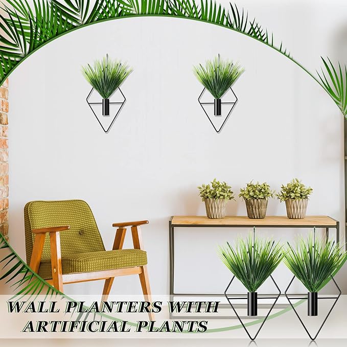 Canlierr 4 Pcs Wall Decor Hanging Planters with Artificial Plants Metal Hanging Vase Indoor Plants Holder Modern Boho Wall Art for Bathroom Bedroom Living Room Decor(Black,Aquatic Plant)