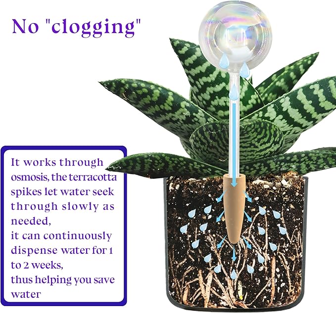 HyJeryty Non-Clogging Iridescent 2 Pack Ball Plant Watering Globes with Terracotta Spikes, Hand Blown Glass Self Watering Planter Insert Plant Watering Devices Bulbs for Indoor and Outdoor Plants