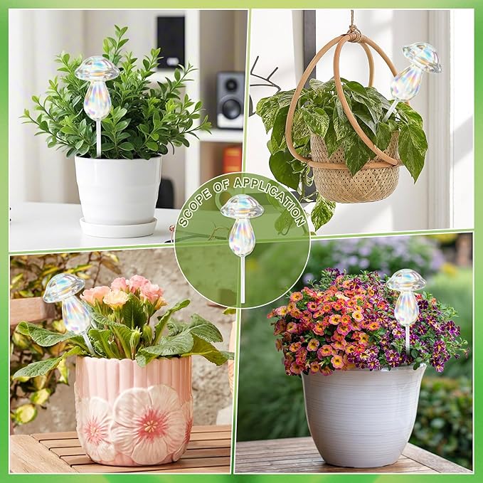 4pcs Plant Watering Globes Self Watering Planter Insert Devices,Glass Watering Bulbs Mushroom Pattern Watering Globes for Indoor Plants Top-Fill Watering Rainbow Colors (Mushroom)