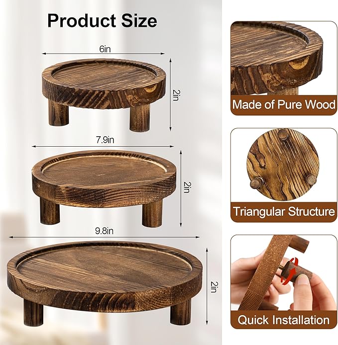 3 Pcs Wooden Display Risers Round Wood Pedestal Stand Mini Plant Tray Stand, 10-6 Inch Rustic-style decorative shelf for Displaying Plants and Candles (Brown)