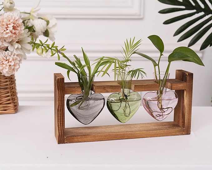 Kingbuy 3-Heart Plant Terrarium Kit - Stained Glass Vase Propagation Station with Vintage Wood Stand - Wall-Mounted & Tabletop Indoor Garden Decor for Home Kitchen Wedding (Grey, Green, Pink)