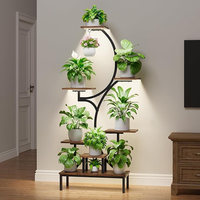 Plant Stand Indoor with Grow Lights - 7-Tier Indoor Plant Shelf with Elevated Base & Hanging Hook, 63" Corner Plants Stands for Multiple Plant Sizes, Multi-Tiered Lighted Rack for Living Room, Black