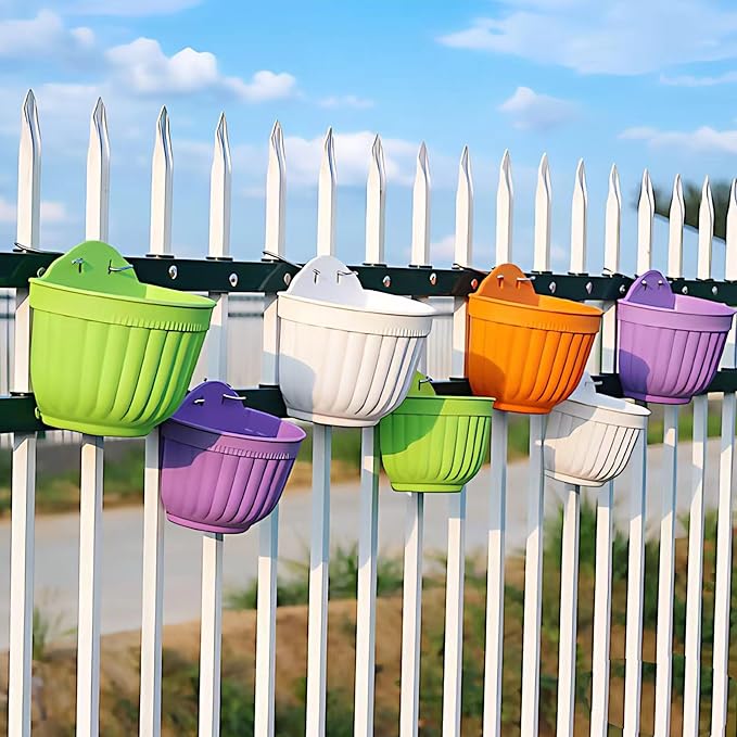 8 Pack Hanging Planters Wall Planters for Indoor Outdoor Plants, Colorful 8 inch Plant Pot with Drainage Hole, balcony planter railing hanging Pot, Plant Wall Mount Home Décor with Accessaries