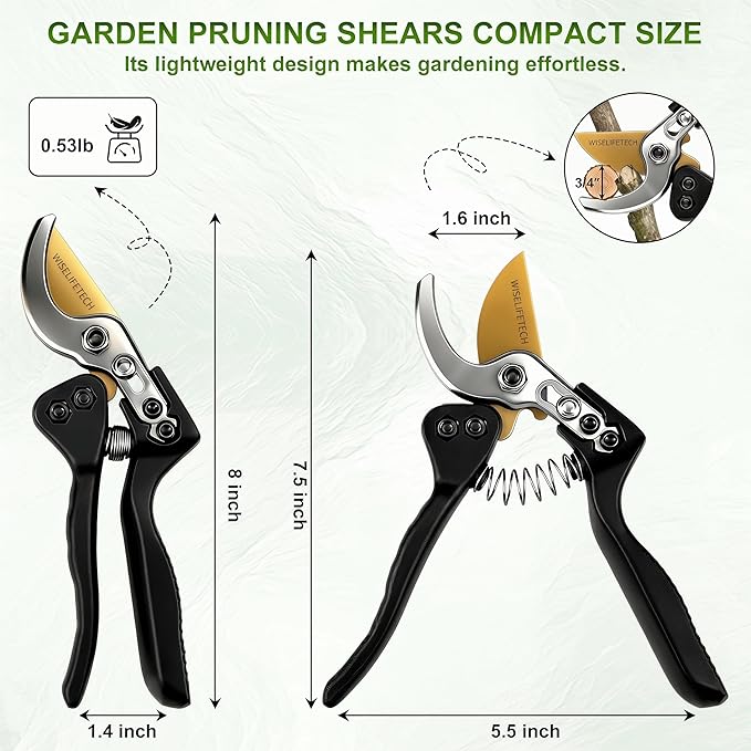 Pruning Shears, Sharp Clean Cut SK5 Steel 8" Garden Clippers with Teflon Blade, Bypass Hand Pruners, Ergonomic Non-Slip Grip for Roses, Shrubs & Plants
