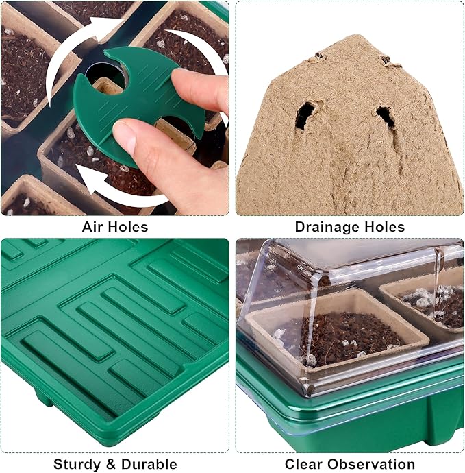 Hahood 6 Pack Seed Starter Tray Kit with 120 Square Peat Pots for Seedlings, Including Plants Labels, Planting Tools, Growing Trays Plastic Germination Tray Paper Starter Pods for Plant Seeds, Green