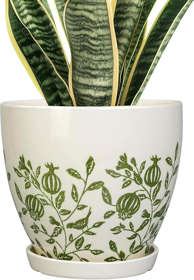 MPotTo Ceramic Planter - 8.2 Inch Plant Pot for Indoor Outdoor Plants, Boho Round Ceramic Flower Pot with Drainage Hole and Saucer, Gifts for Plant Lovers, Home Garden Apartment Decor, White