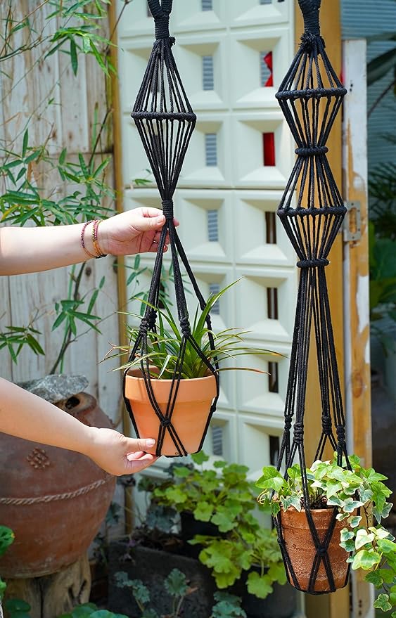 Hourglass Floating Macrame Plant Hangers 2 Pack Handmade Cotton Rope Hanging Planters Basket with S Hooks, Diamond Openwork Boho Home Decor for Indoor Outdoor, Plants Holder 35" & 39” (Black)