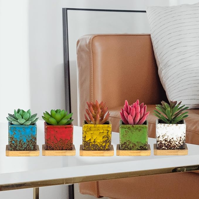 Set of 10 Succulent Pots with Drainage Trays, 2.1 Inch Ceramic Pots for Indoor Flower Plants, Small Square Cactus Planter Pots Bulk for Garden Home Desk Windowsill Decor
