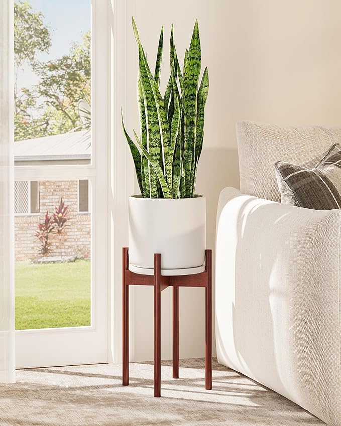 GENTINGBRO Adjustable Plant Stand Indoor, Bamboo Plant Stand Fits 8 9 10 11 12 Inches, Small Corner Planter Holder for Indoor Plants, Single Floor Plant Stands for Living Room Balcony, Reddish Brown Tall