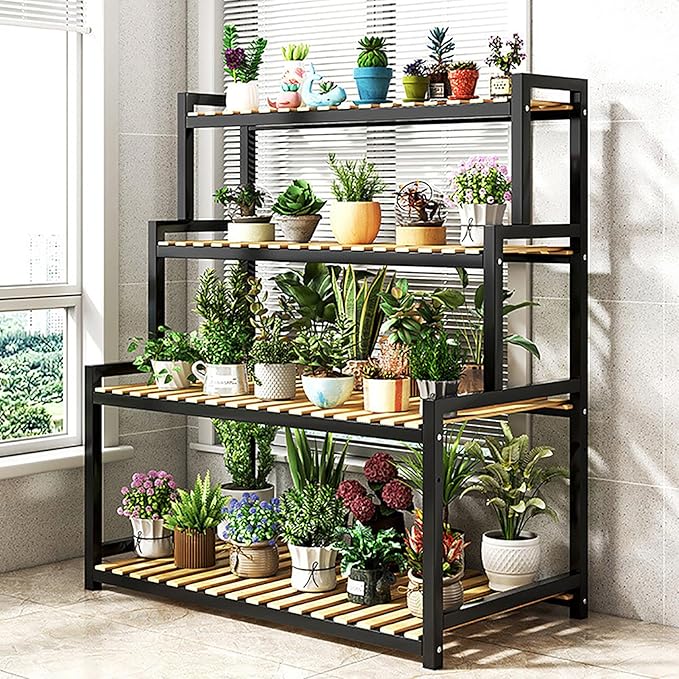 4-Tier Bamboo Plant Stand - Stylish Multi-Layer Metal & Wood Flower Display Shelf for Indoor Plants, Succulents & Home Décor - Modern Staircase Planter Holder