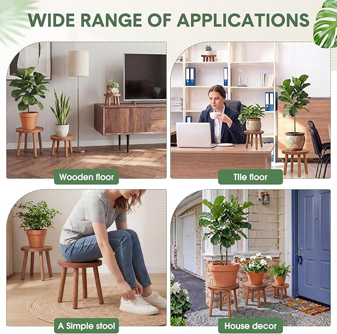 Pinkunn 3 Pcs Wood Plant Stand Indoor Plant Stand for 3-12 Inch Pots Mid-century Modern Plants Stool Plants Pot Holder Home Decor for Balcony Living Room Office Courtyard Detachable(Round Style)