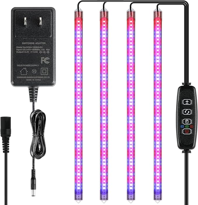 iPower 60W LED Grow Lights with Full Spectrum Plant Growing Light Strips for Indoor Plant with Auto ON/Off 3/9/12H Timer, 10 Dimmable Levels 48 LEDs Per Tude, 4 Tubes, Red&Blue