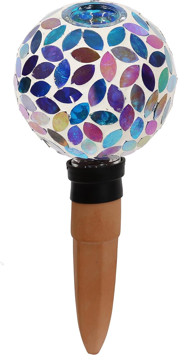 Sunnydaze Mosaic Glass Plant Watering Globe with Clay Spike - Decorative Self-Watering Planter Insert - Water Dripper for Plants - 9.5" - Spring Petals