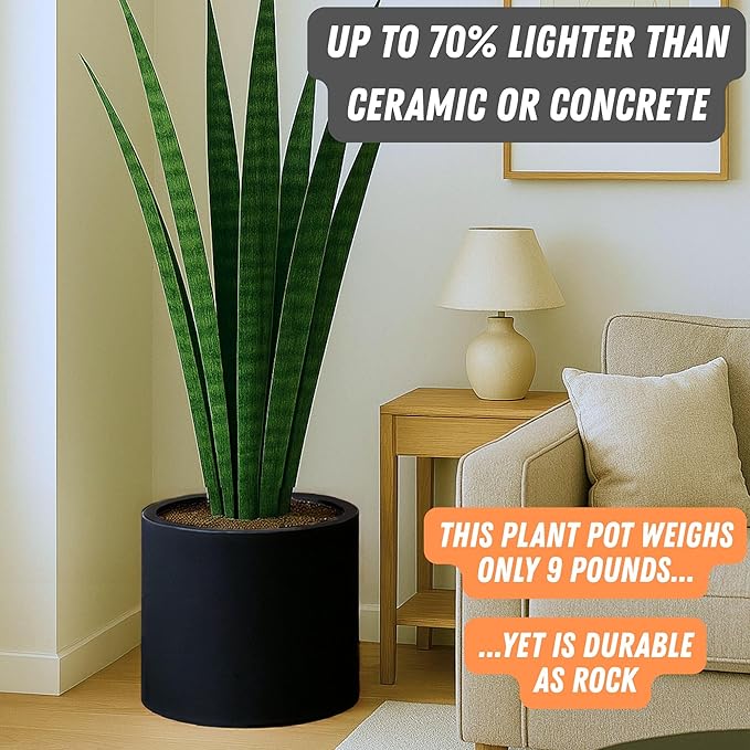 Fox & Fern Large 15 Inch Planter - Premium Lightweight Fiberstone Black Plant Pot with Drainage Plug; Ideal for Indoor and Outdoor Plants