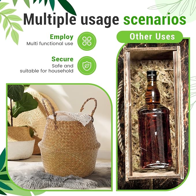 Knitgrip Large Wicker Plant Basket with Handle 10 Inch Woven Seagrass Belly Basket and Artificial Moss for House Plants Picnic Grocery Laundry Storage Home Decor(Large,Original,2 Pack)