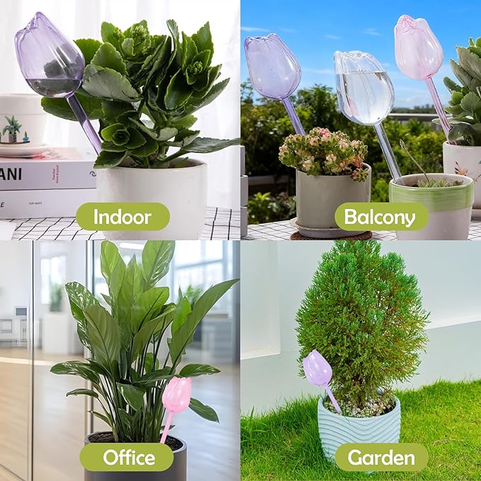 Creative Flower-Shaped Self Watering Globes for Indoor Outdoor Plants – 2"x2"x5" PVC Automatic Drip Irrigation Bulbs for Vacation – Cute Lazy Watering System for Garden & Home Decor (Pink)