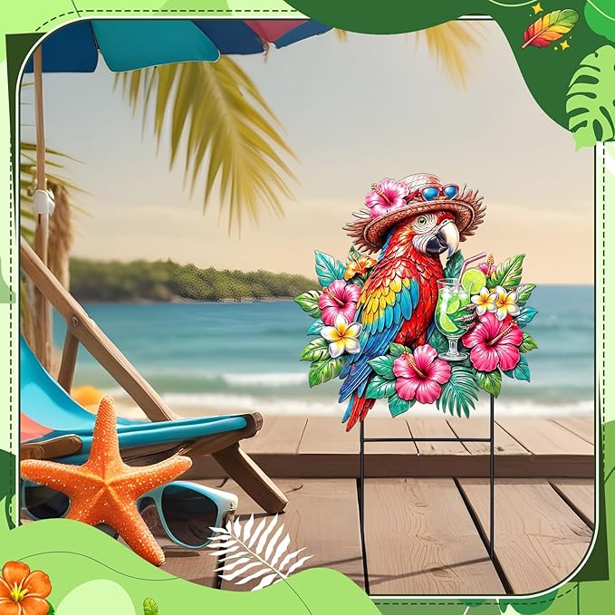 Amyhill Summer Outdoor Decor Tropical Parrot Metal Garden Stakes 25 Inch Jungle Leaves Floral Welcome Yard Signs Decorations Decorative Garden Stakes for Patio Lawn Walkway Backyard Porch Decorations