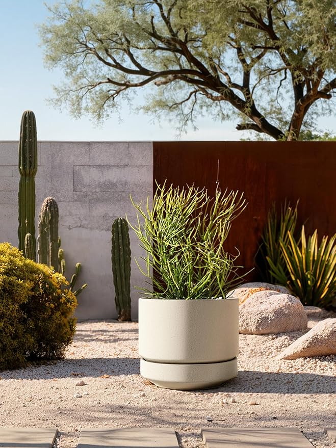 LE TAUCI Large 14 Inch Plant Pot with Saucer | Ceramic Outdoor & Indoor Big Planter Pot | Drainage Hole, Mesh Pad | Unglazed Porous | Modern Minimalist for Home and Patio – Speckled Oat