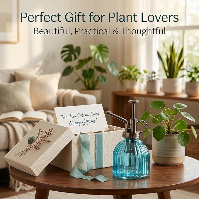 Topadorn Blue Glass Plant Mister Spray Bottle - Mini Vintage Watering Can with Pump for Indoor Plants & Succulents