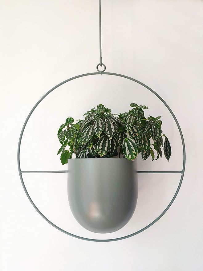 RISEON Boho Green Metal Plant Hanger,Metal Wall and Ceiling Hanging Planter, Modern Planter, Mid Century Flower Pot Plant Holder, Minimalist Planter for Indoor Outdoor Home Decor