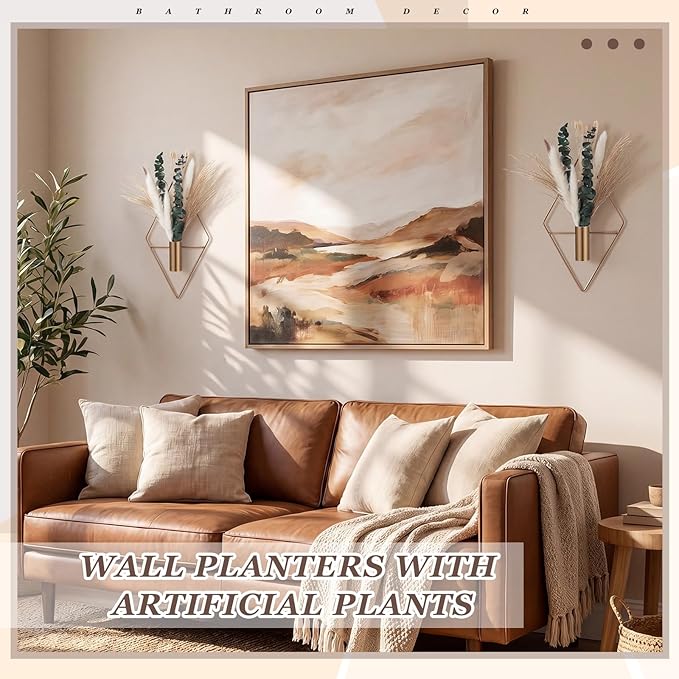Canlierr 4 Pcs Antique Bronze Wall Decor Hanging Planters with Artificial Plants Eucalyptus Pampas Grass Metal Hanging Vase Indoor Plants Holder Modern Boho Wall Art for Bathroom Bedroom Living Room