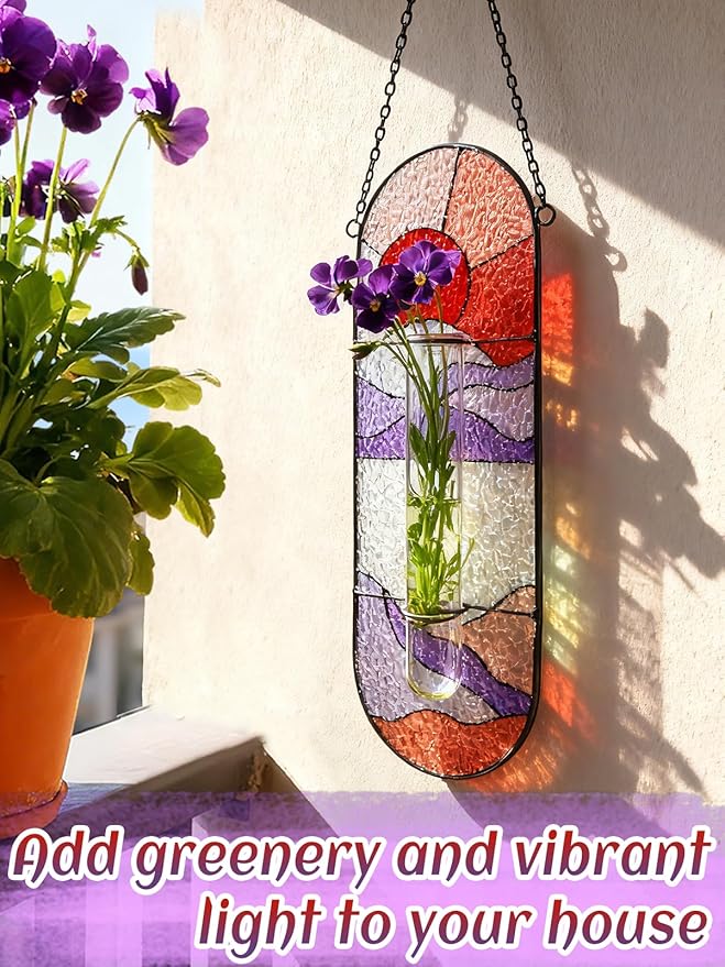 Stained Glass Plant Propagation Stations - Handmade Sunshine Catcher Hydroponic Planter Window Hanging with Glass Tubes, Terrarium Decor Gifts for Women Mom Plant Lovers, Red