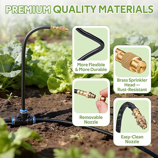 HIRALIY 360° Adjustable Drip Irrigation System 100FT, 1/4" Tubing with Adjustable Copper Nozzles, Automatic Atomizing Watering Kit for Garden, Yard, Lawn, Greenhouse & Potted Plants