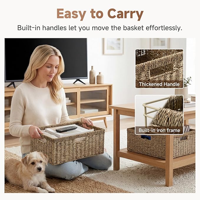StorageWorks Extra Large Wicker Baskets for Organizing, Seagrass Storage Basket with Built-in Handles, 1 Pack