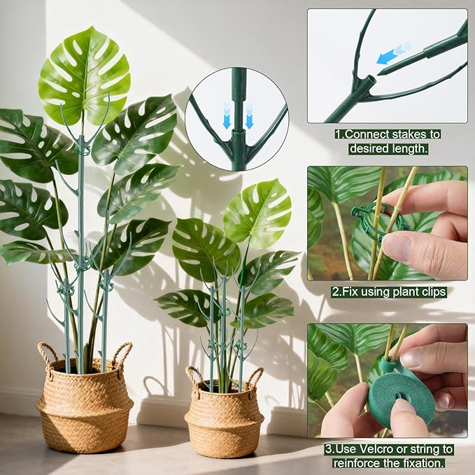 12pcs Plant Support Stakes, Monstera Plant Support Stakes for Indoor Plants with 20 Meter Binding Wire, 2 Meter Velcro Roll and 50 pcs plant clips, Perfect for Supporting Monstera and Climbing Plants