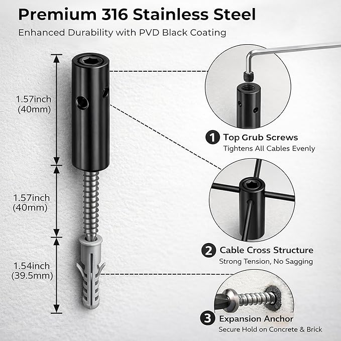 Wire Trellis for Climbing Plants Outdoor, 30-Set Wall Wire Trellis Kit with 1/8in x 150ft Vinyl Coated Cable, Black T316 Cylindrical Espalier System for Fence and Garden DIY Projects