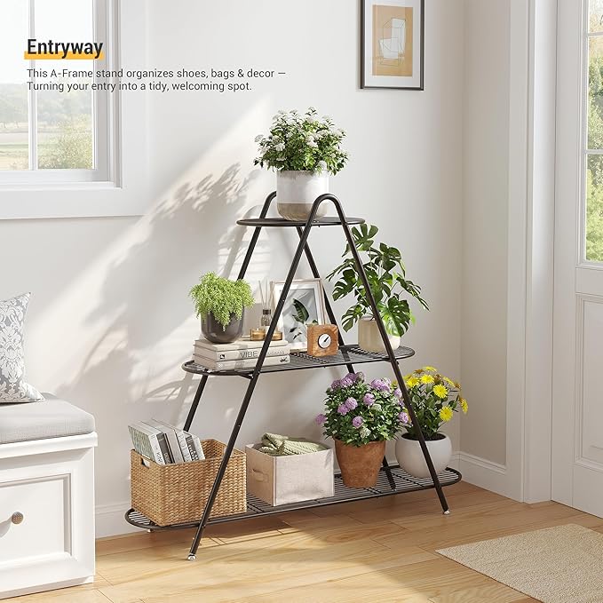 3-Tier Plant Stand Metal Plant Rack Shelf Heavy Duty Indoor Outdoor Shoe Shelf Rack for Multiple Flower Pots Multi-Purpose Storage Organizer for Living Room Patio Garden Entryway Balcony (Black)