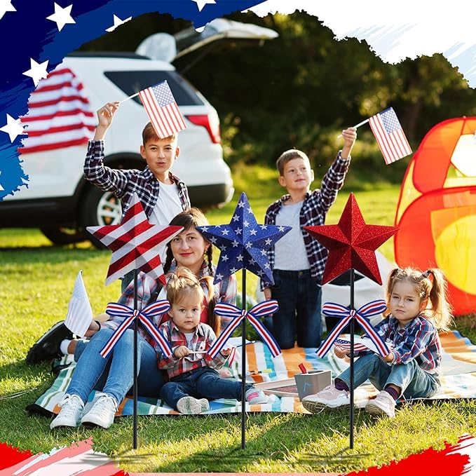 Amyhill 3 Pcs 4th of July Outdoor Decor Patriotic Star Metal Garden Stakes Memorial Day Welcome Yard Signs Red White Blue Decorations Garden Stakes for 250th Anniversary Patio Lawn Walkway Outside