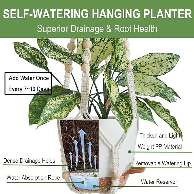 Bouqlife 3 Pack 10/8/7 Inch Hanging Planters for Indoor Plants with Self-Watering Hanging Pots with Drainage, 3 Different Size Macrame Plant Hangers with Hooks White Large
